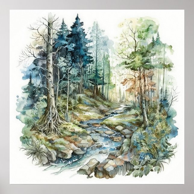 Fredlig Forest Stream Watercolor Poster (Framsidan)