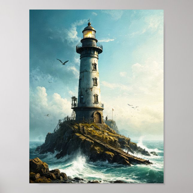 Fredlig fyr med fiskmås i norra havet poster (Framsidan)