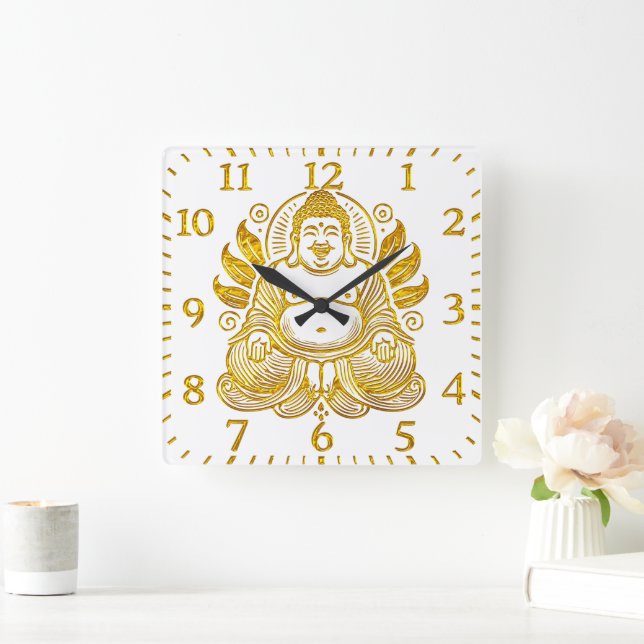 Fredlig Golden Buddha Fyrkantig Klocka (Hem)