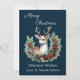 Fredlig Hjort, med Holly Wans, på Mörk blått Julkort