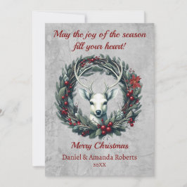 Fredlig hjort med krans av järnekbär julkort
