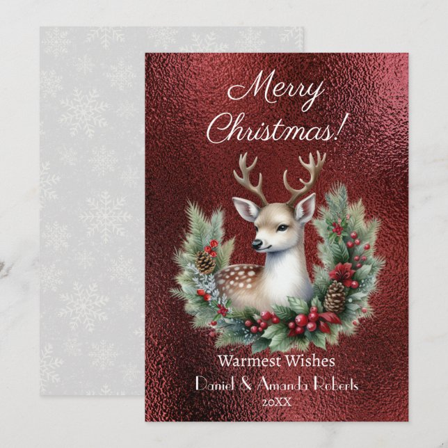 Fredlig hjort med krans, falsk röd textur julkort (Fram/baksida)