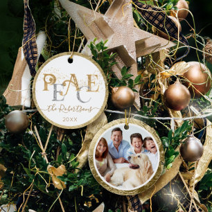Fredlig jul i Guld i Silver Glitter-familjfoto Julgransprydnad Keramik