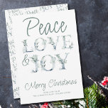 Fredlig jul i Kärlek & Joy Decorative Typography Julkort<br><div class="desc">Kort för färgstipografi av personlig med dekorativa bokstäver i mjuka nyanser av blått och grönt. Det står "Pease Kärlek & Joy ... " God jul" och du kan anpassa den återstående texten. Färg och elegant vattenfärgsdesign med dekorativa bokstäver.</div>