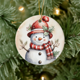 Fredlig jul, snögubbe, vattenfärg snögubbe julgransprydnad keramik