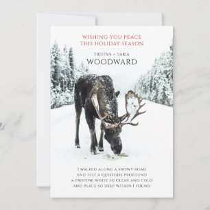 Fredlig juldikt med älg i vintersnöscen julkort