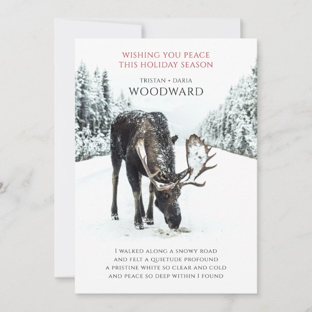 Fredlig juldikt med älg i vintersnöscen julkort (Framsida)