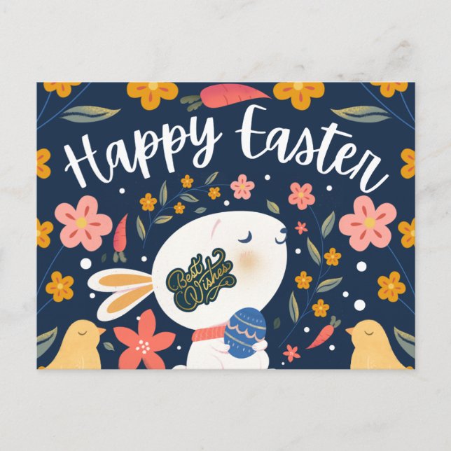 Fredlig kanin med påskägg “Happy Easter” blomma Helg Vykort (Framsida)