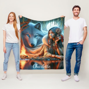 Fredlig natt vid flod: Infödd och varg Fleecefilt