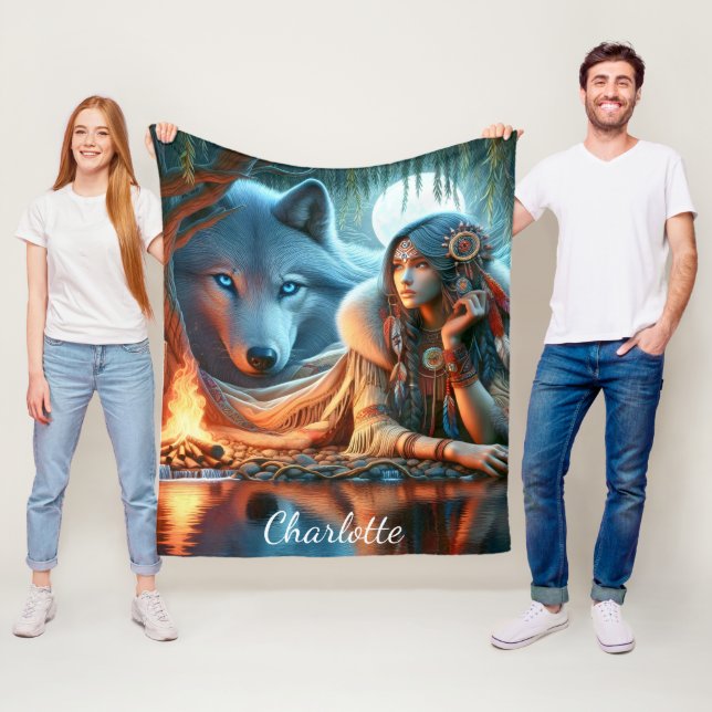 Fredlig natt vid flod: Infödd och varg Fleecefilt (På plats)