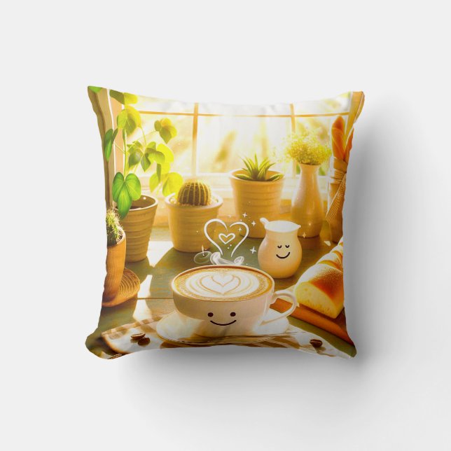 Fredlig och hjärtlig Cappuccino-morgon Kudde (Framsida)