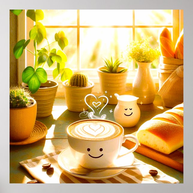 Fredlig och hjärtlig Cappuccino-morgon Poster (Framsidan)