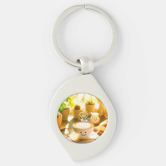 Fredlig och hjärtlig Cappuccino-morgon Swirl Silverfärgad Nyckelring (Framsidan)