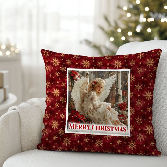 Fredlig Poinsettia Ängel Julpresent Kudd Kudde (Peaceful Poinsettia Angel Christmas Gift Pillow)