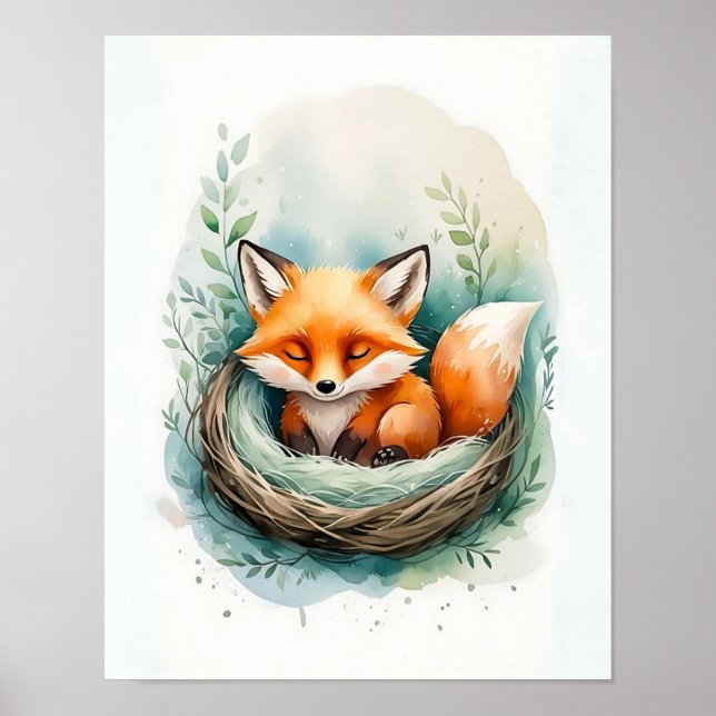 Fredlig Räv Sover Bo Akvarell Illustration Poster (Framsidan)