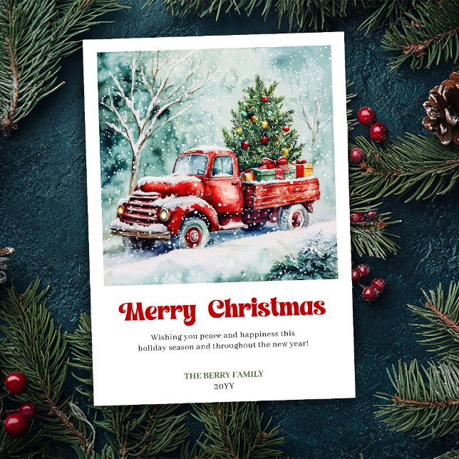 Fredlig Rustik Röd Lastbil Julscen Julhälsning Julkort (Peaceful Rustic Red Truck Christmas Scene Greeting Holiday Card )