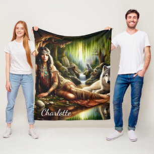 Fredlig scen: Inbyggd indisk och varg Fleecefilt