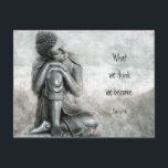 Fredlig Silver Buddha Wisdom Mindfulness-citat Vykort<br><div class="desc">Här är en underbar konstnärlig bild av Buddha som jag skapat tillsammans med en av mina favoritcitat från Buddha: "Vad vi tänka oss bli." Citatet skapades som en mall så att det kan ändras om du vill. Den här Buddha-bilden finns också tillgänglig på andra produkter i min fredliga buddha-samling. Om...</div>