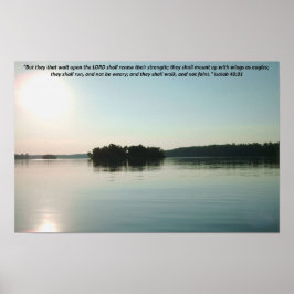 Fredlig sjö och avlägsna träd med skrift poster