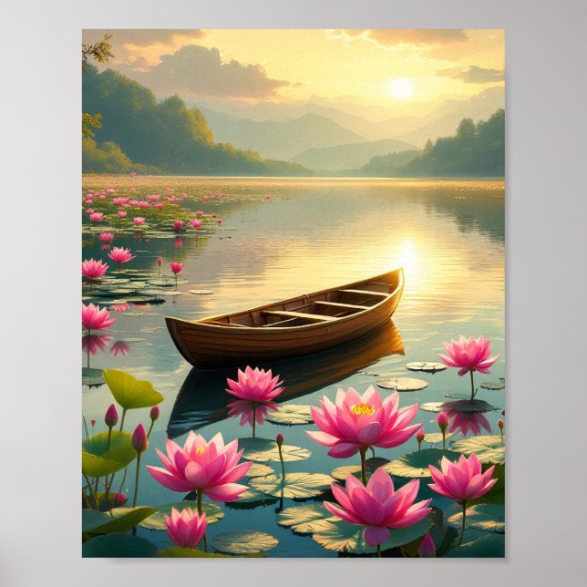 Fredlig sjö vid solnedgång med båt och blommor poster (Framsidan)