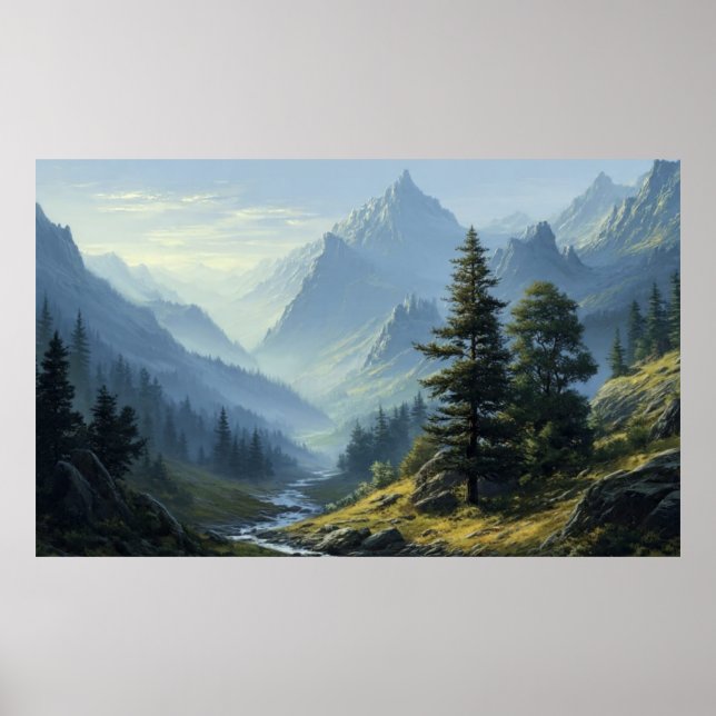 Fredlig snötäckt berg- och sjöreflektion poster (Framsidan)