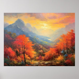 Fredlig solnedgång i berggrund japansk finkonst poster