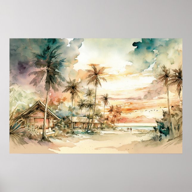 Fredlig solnedgång Tropical Beach Watercolor Poster (Framsidan)