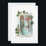Fredlig Vintage Winter Snö Scene med Holly Julkort<br><div class="desc">Söt serene vignette med snöskiva i skogen och rustisk bomull med ensam jägare som går genom snö inramad av festlig holly. Kortets baksida har anpassningsbar av samordnad grafik och redigerbar text fält.</div>