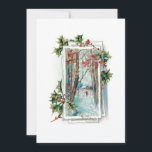 Fredlig Vintage Winter Snö Scene med Holly Julkort<br><div class="desc">Söt serene vignette med snöskiva i skogen och rustisk bomull med ensam jägare som går genom snö inramad av festlig holly. Kortets baksida har anpassningsbar av samordnad grafik och redigerbar text fält.</div>
