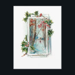 Fredlig Vintage Winter Snö Scene med Holly Vykort<br><div class="desc">Söt serene vignette med snöskiva i skogen och rustisk bomull med ensam jägare som går genom snö inramad av festlig holly. Kortets baksida har anpassningsbar av samordnad grafik och redigerbar text fält.</div>