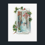 Fredlig Vintage Winter Snö Scene med Holly Vykort<br><div class="desc">Söt serene vignette med snöskiva i skogen och rustisk bomull med ensam jägare som går genom snö inramad av festlig holly. Kortets baksida har anpassningsbar av samordnad grafik och redigerbar text fält.</div>
