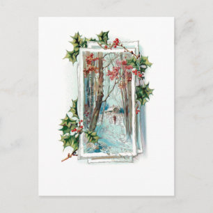Fredlig Vintage Winter Snö Scene med Holly Vykort