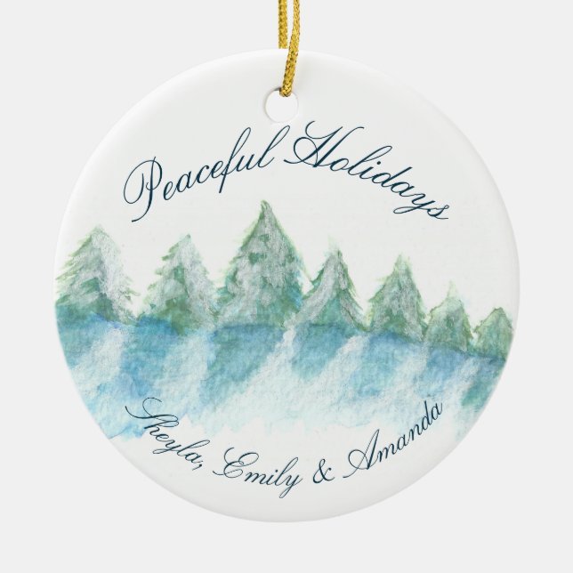 Fredlig Vinter Skog Vattenfärg Script Jul Julgransprydnad Keramik (Framsidan)
