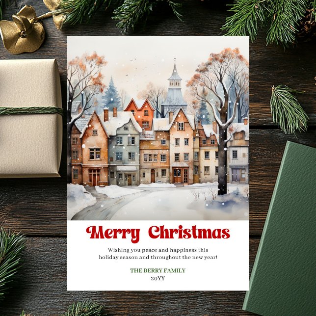 Fredlig vinterscen kort rustic djärv högtid  (Peaceful winter scene card rustic bold holiday lettering

)