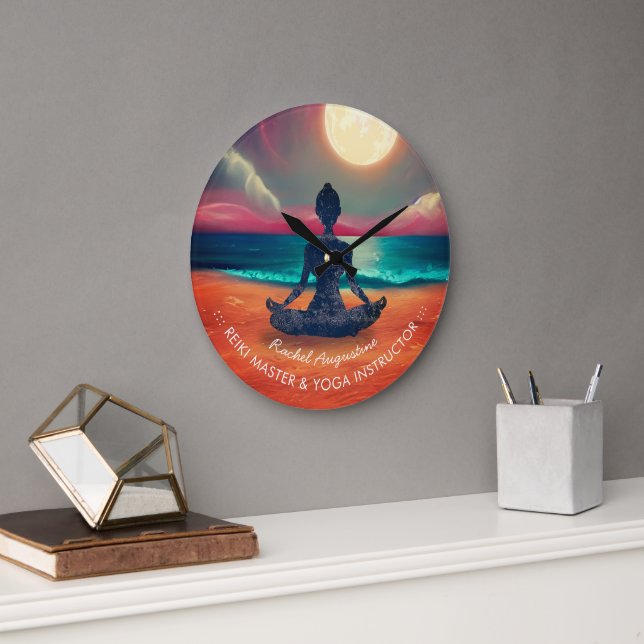 Fredlig Yoga Meditation Moonlight Himlar Ocean Bea Stor Klocka (Kontor)