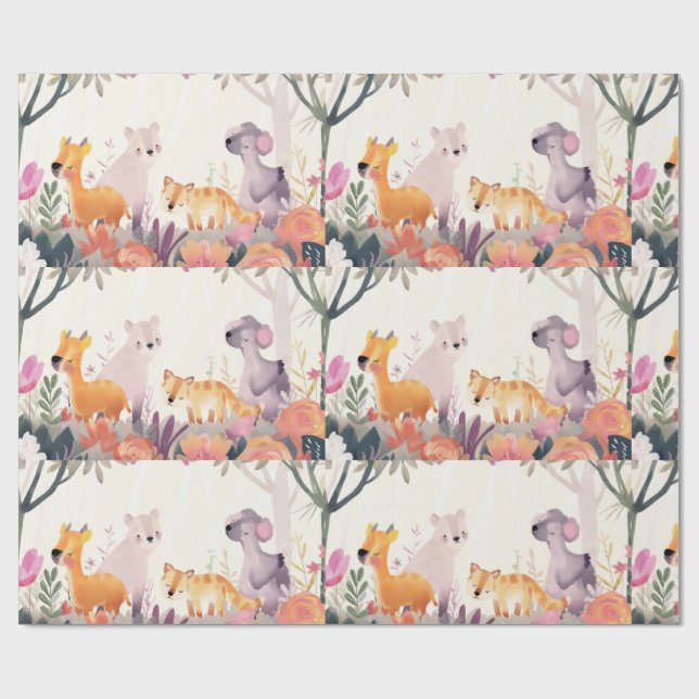 Fredliga djur bland blommor och träd presentpapper (Platt)