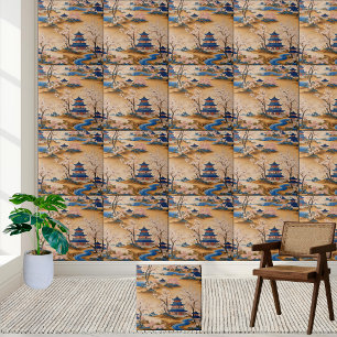Fredliga floden och Pagoda Art Chinoiserie Tile Kakelplatta