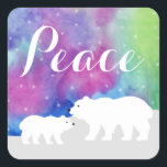 Fredliga Helgdag Stickers i norra Ljus Fyrkantigt Klistermärke<br><div class="desc">Två söta polar bär över en färglös vattenfärgsbakgrund "Norra Ljus".</div>