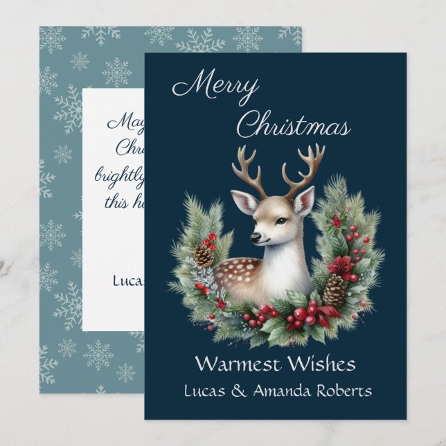 Fredliga hjortar, med julkransar, på mörkblå bakgr julkort (Fram/baksida)