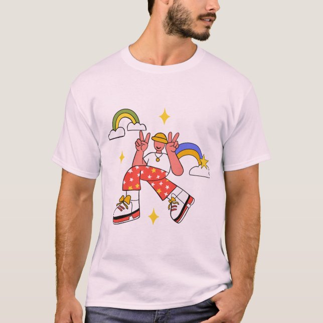 Fredliga Vibes Retro-grafik T-Shirt - Regnbåge och (Framsida)