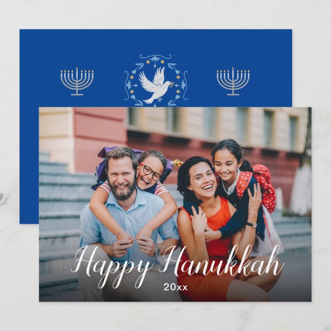 Fredligt gult Lycklig Hanukkah Blue Modern Photo Julkort (Fram/baksida)