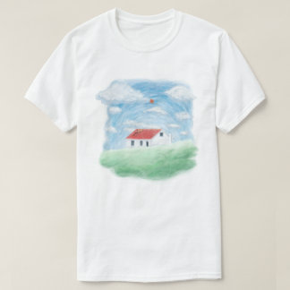 Fredligt rött takhus på grön kulle t shirt