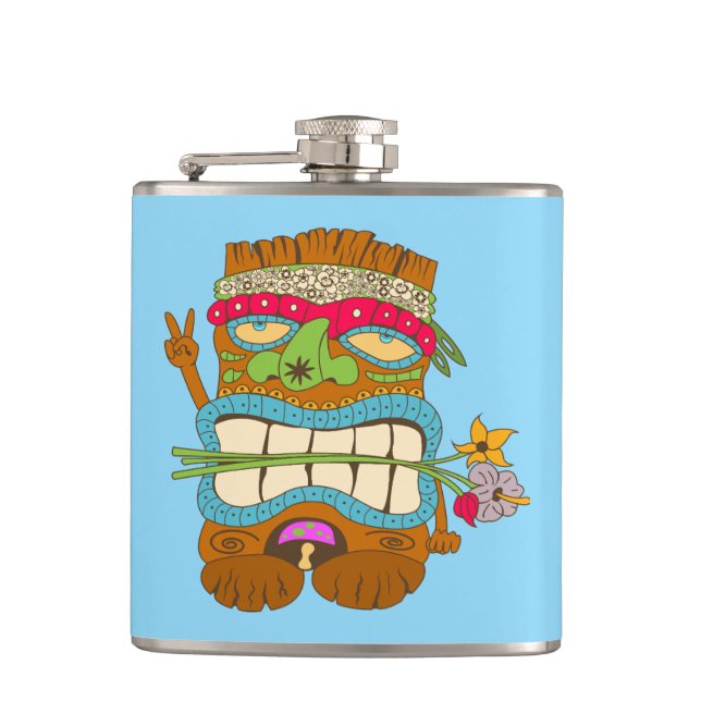 Fredsälskande Tiki, Blommig Hippie, Rolig Blå Fickplunta (Framsidan)