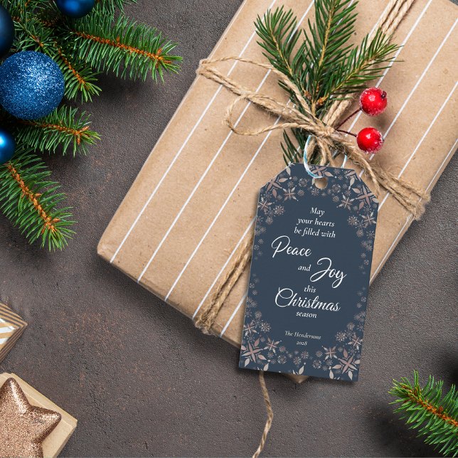 Fredsblått elegant Guld Snöflingor Presentetikett (Skapare uppladdad)