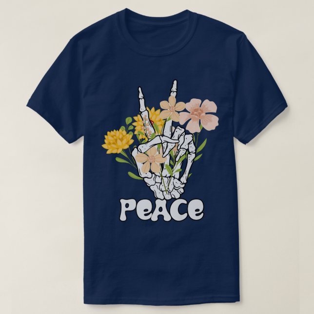 Fredsblommor och Fredstecken av Skeleton Hand Retr T Shirt (Design framsida)