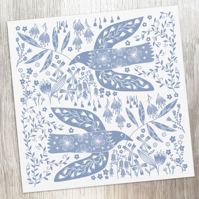 Fredsdubbel blå fågel anteckningskort (Peace doves blue and white bird folk art notecards)
