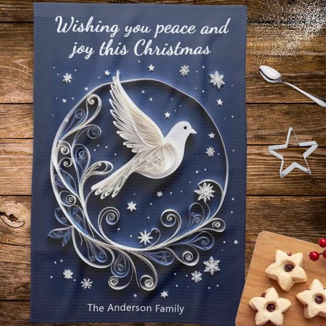 Fredsduva Falsk Pappershantverk Elegant Blå Jul Kökshandduk (A Christmas kitchen towel with white peace dove and blue sky with stars, to personalize with a name)