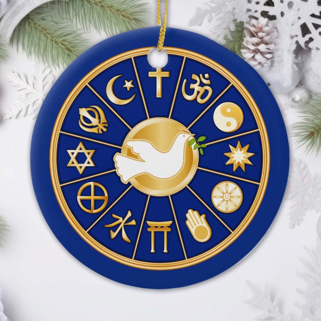 Fredsduva Julgransprydnad Keramik (Gold icons of world faiths surround the Dove of Peace, an international symbol of harmony. )