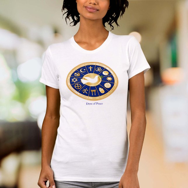 Fredsduva T Shirt (Dove of Peace T-Shirt
Customize with your text. Gold icons of world faiths around the Dove of Peace.)