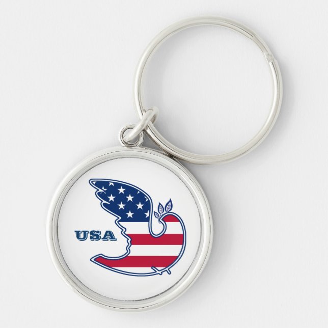 Fredsduva. USA Patriotic Gift Keychains Rund Silverfärgad Nyckelring (Framsidan)
